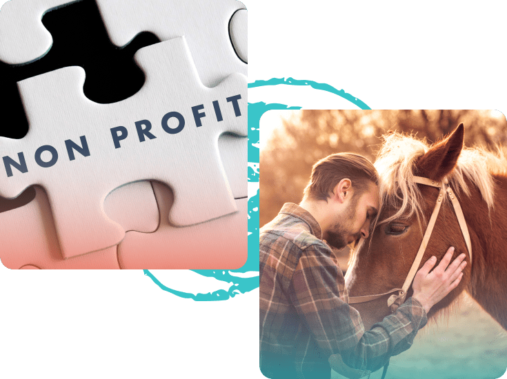 Puzzle piece with "Non Profit" text and a man gently resting his head against a horse outdoors.